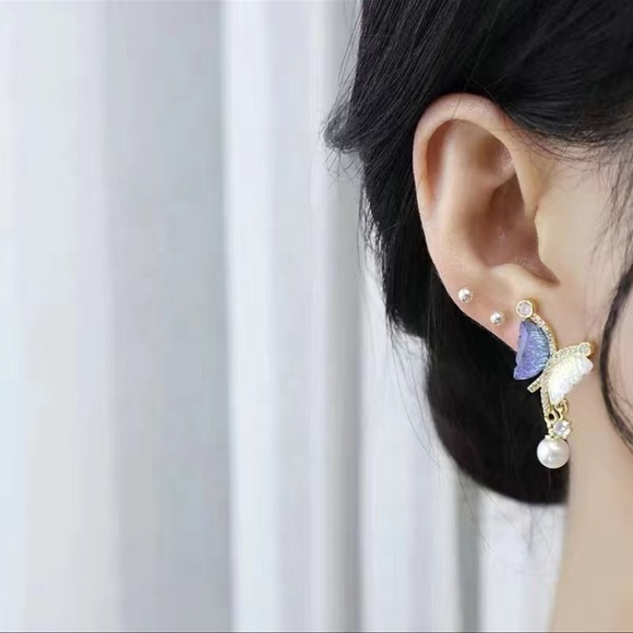 NEW Asymmetrical Butterflies Pearl S925 Earrings - Picture 5 of 6